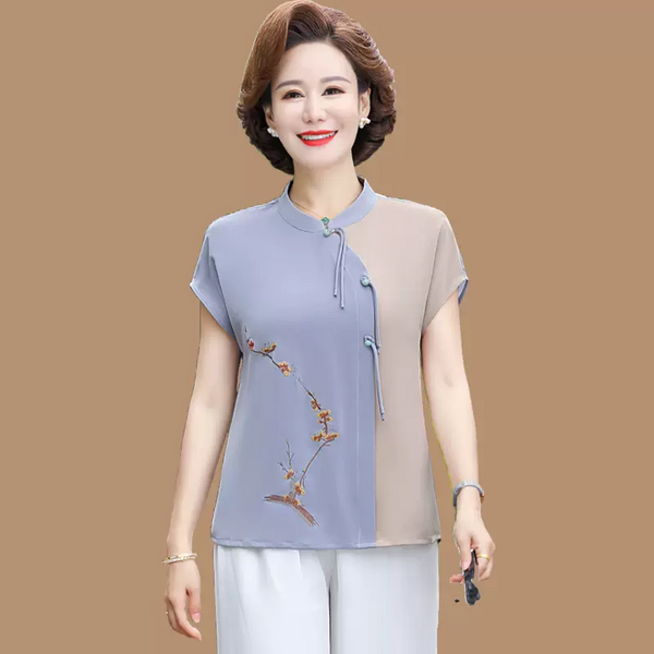 (XL-5XL) Plus Size Colourblock Modern Qipao Top and Pants Set