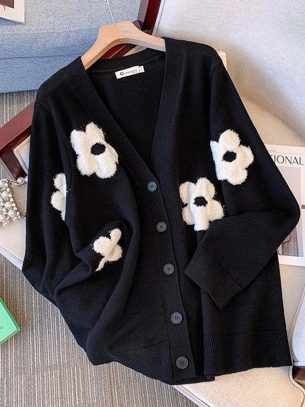 (XL-5XL) Plus Size Flowers Art Deco Cardigan Sweater (EXTRA BIG SIZE)