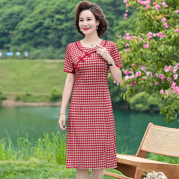 (XL-5XL) Plus Size Gingham Checks Short Sleeve Cheongsam Dress