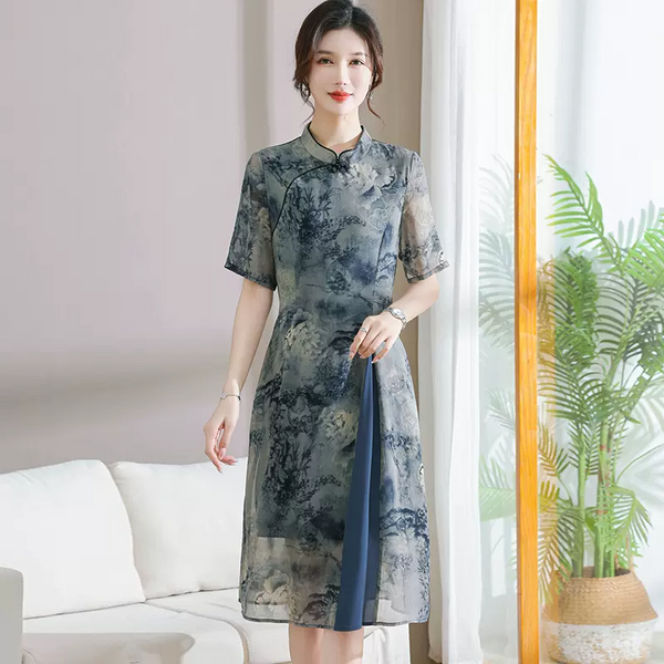 (XL-5XL) Plus Size Oriental Chiffon Qipao Dress