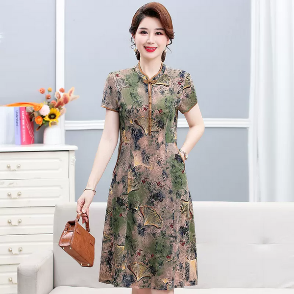 (XL-5XL) Plus Size Printed Qipao Dress