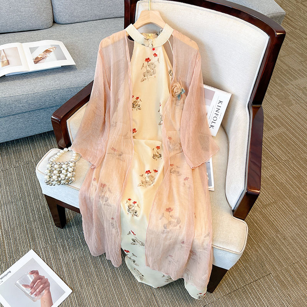 (XL-7XL) Plus Size Oriental Halter Dress And Pink Long Jacket Set (Extra Big Size)