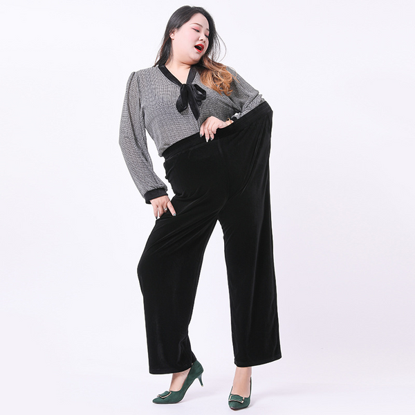 Wide Leg Trousers Womens Plus Size Black Velvet Pants XL-9XL) Plus