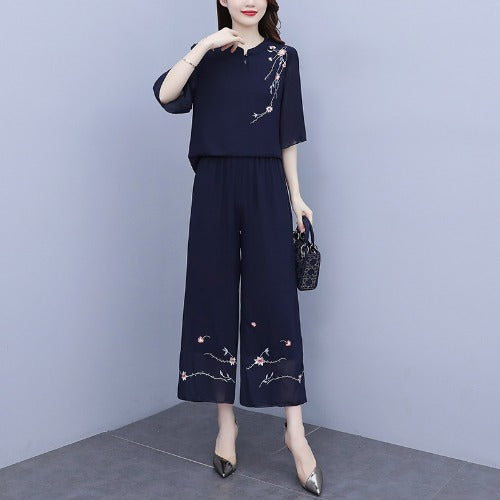 Plus Size Navy Blue Cheongsam Blouse and Wide Leg Pants Set