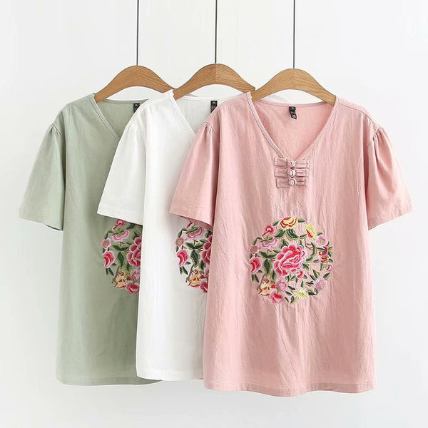 Plus Size V Neck Cheongsam Oriental Embroidery Short Sleeve Blouse (Green, White, Pink) (EXTRA BIG SIZE)