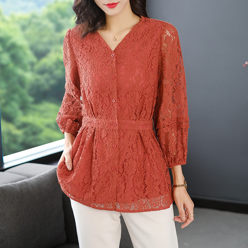 Plus Size Elegant V Neck Lace Peplum Mid Sleeve Top (Orange, Black) (EXTRA BIG SIZE)