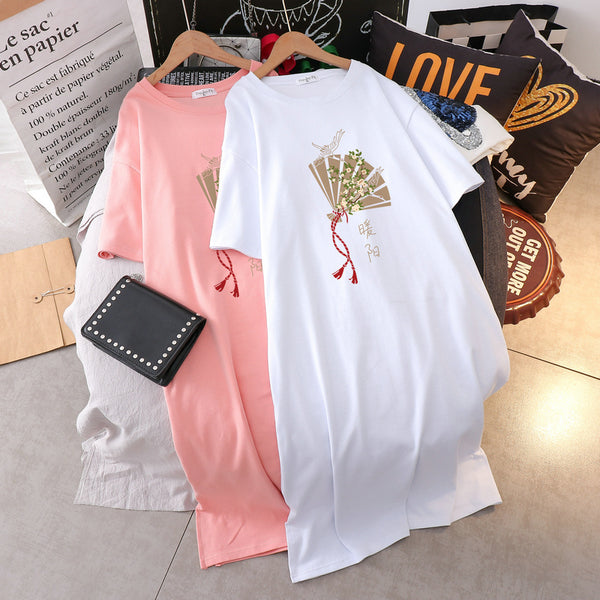 Plus Size Chinese Fan Cotton T Shirt Midi Dress