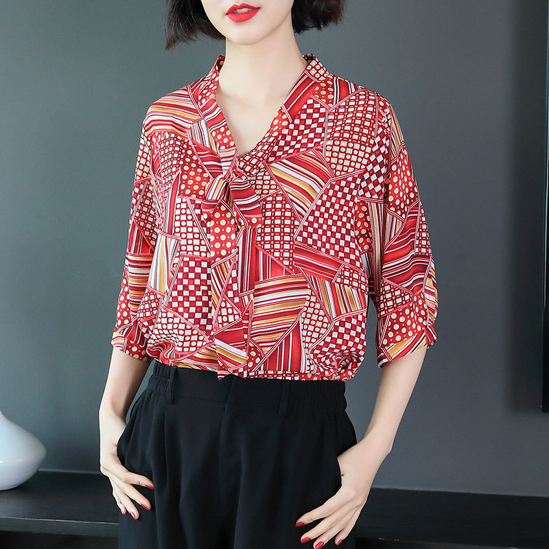 Plus Size Retro Print Pussybow Chiffon Short Sleeve Top (Red)(EXTRA BIG SIZE)