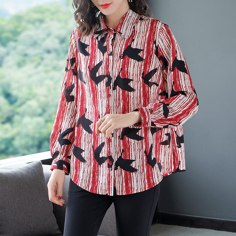 Plus Size Flying Birds Stripe Long Sleeve Shirt Blouse (Red, Green)