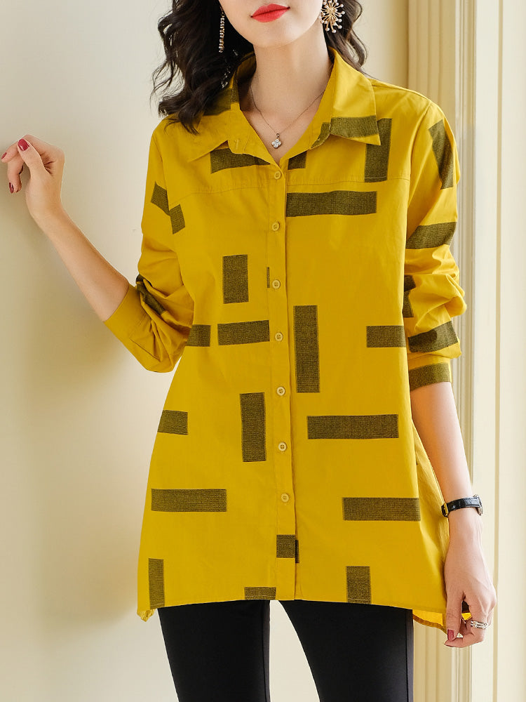 Plus Size Yellow Print Long Sleeve Shirt Blouse