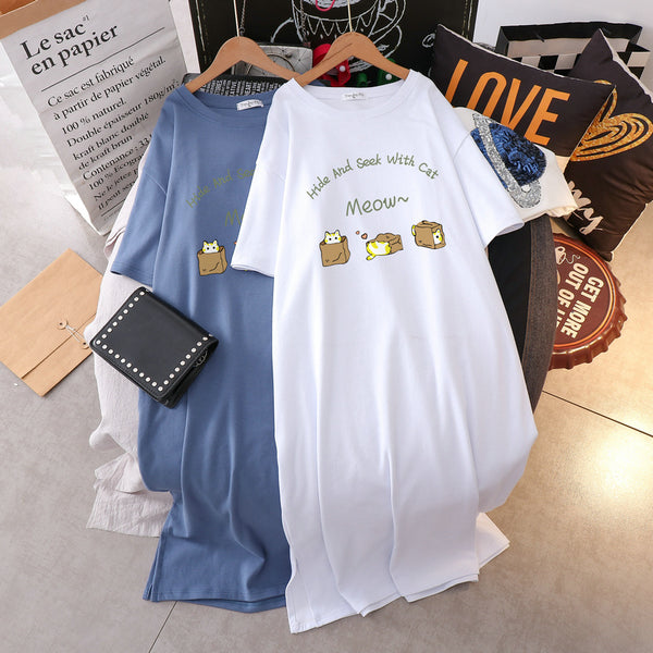 Plus Size Carton Cats Cotton T Shirt Midi Dress