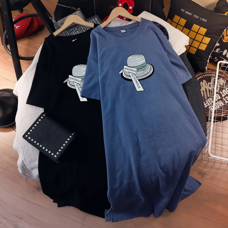(Ready Stock Black 3XL - 1 Pc) Plus Size Hat Cotton T Shirt Midi Dress